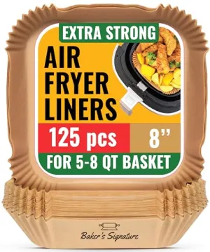 Air Fryer Paper Liners, 125Pcs Air Fryer Disposable Liners, Non-Stick and Oil Proof for Easy Cleanup, 8 Square for 5-8 qt Basket by Baker's Signature