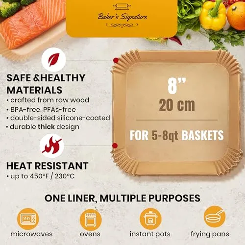 Air Fryer Paper Liners, 125Pcs Air Fryer Disposable Liners, Non-Stick and Oil Proof for Easy Cleanup, 8 Square for 5-8 qt Basket by Baker's Signature