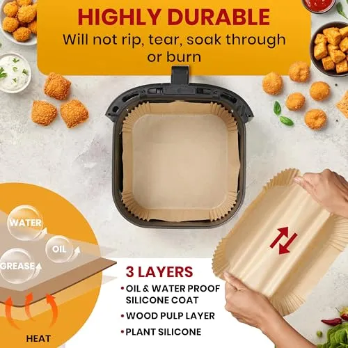 Air Fryer Paper Liners, 125Pcs Air Fryer Disposable Liners, Non-Stick and Oil Proof for Easy Cleanup, 8 Square for 5-8 qt Basket by Baker's Signature