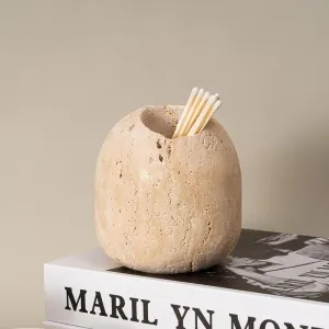 Beige Travertine Stone Match Holder and Toothpick Jar