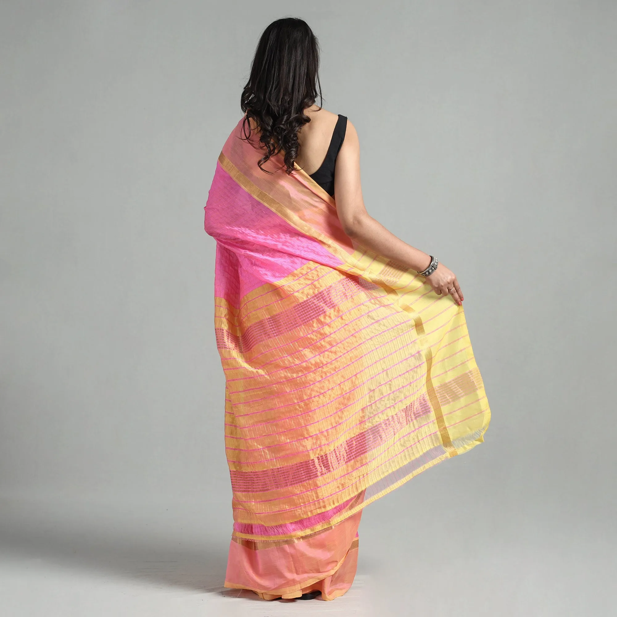 Pink - Mangalagiri Silk Cotton Silver Zari Stripe Handloom Saree