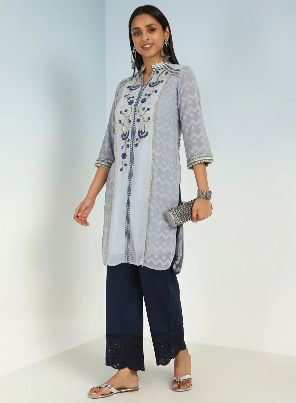 Spa Blue Embroidery Knee Length Kurti